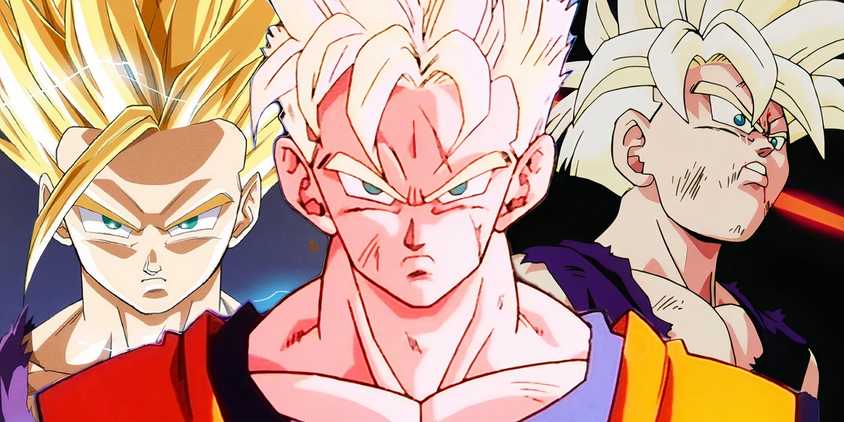 Three Super Saiyan Gohans with Super Saiyan 2 Gohan to the left, Future Super Saiyan Gohan in the middle and young Gohan the moment he breaks his power ceiling as Super Saiyan 2