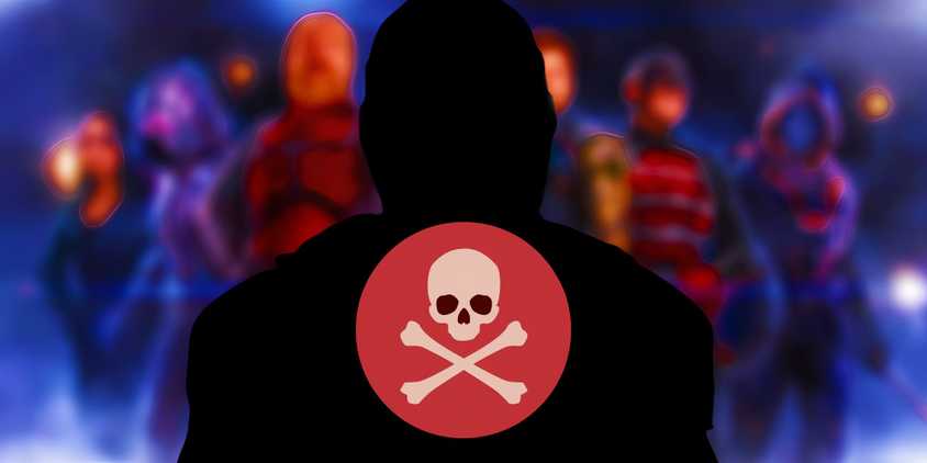 A blurred image of the Thunderbolts line up behind a blacked-out Taskmaster and a skull and crossbones