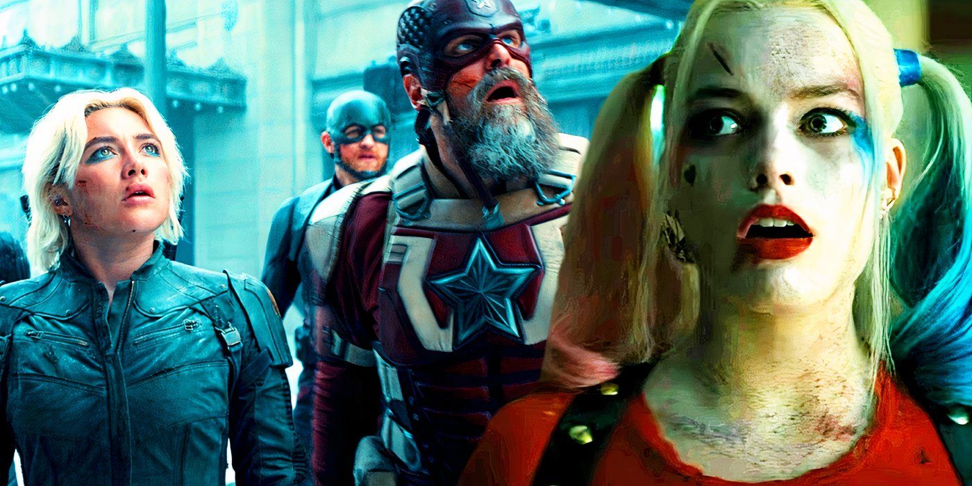 Yelena Belova, Red Guardian, and John Walker look up in Thunderbolts* and Harley Quinn looks scared in Suicide Squad