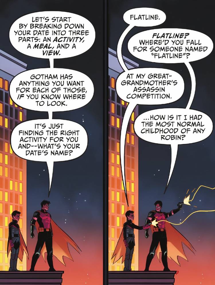 Tim Drake admits he had the most normal childhood of any Robin when Damian discusses his great-grandmother's assassin competition