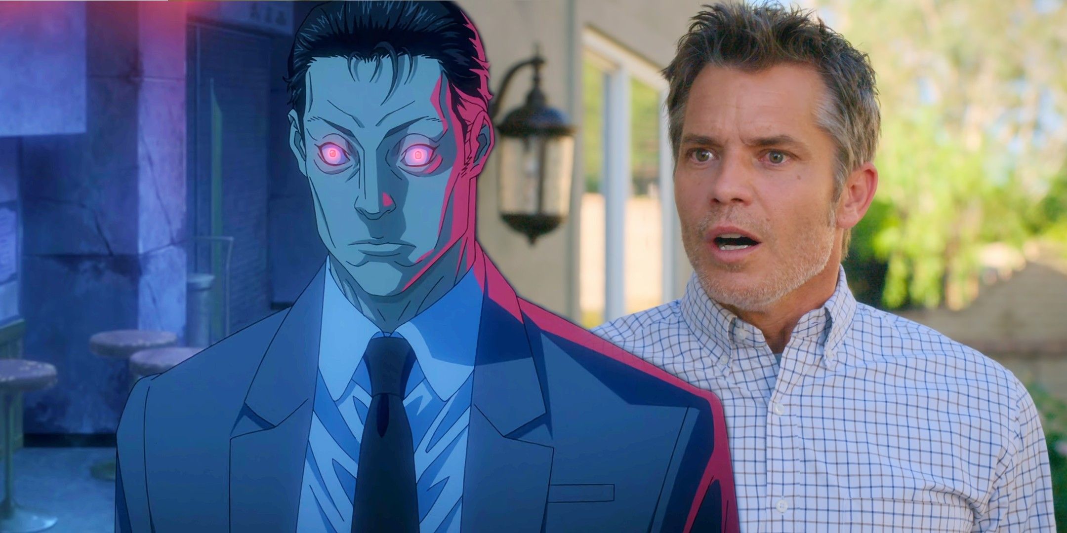 The Terminator in Terminator Zero and Joel Hammond (Timothy Olyphant) in Santa Clarita Diet