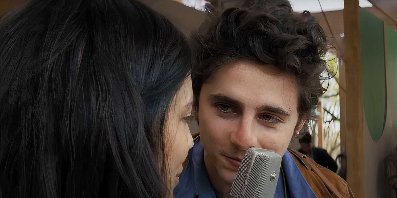 Actor Timothée Chalamet as Bob Dylan in A Complete Unknown. 