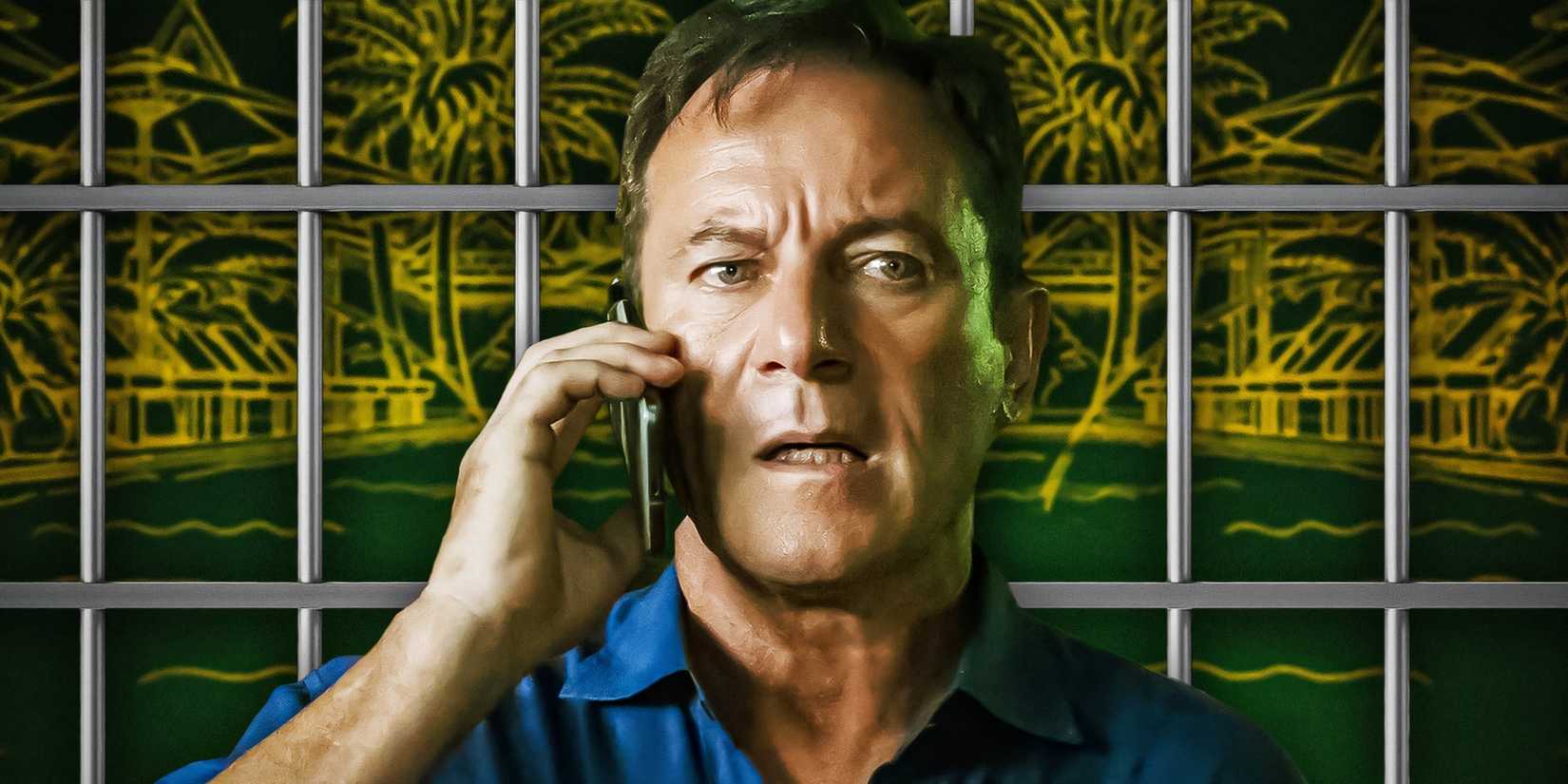 Jason Isaacs as Timothy looking shocked on the phone in The White Lotus season 3 (2025) above a background depicting a tropical location and prison bars