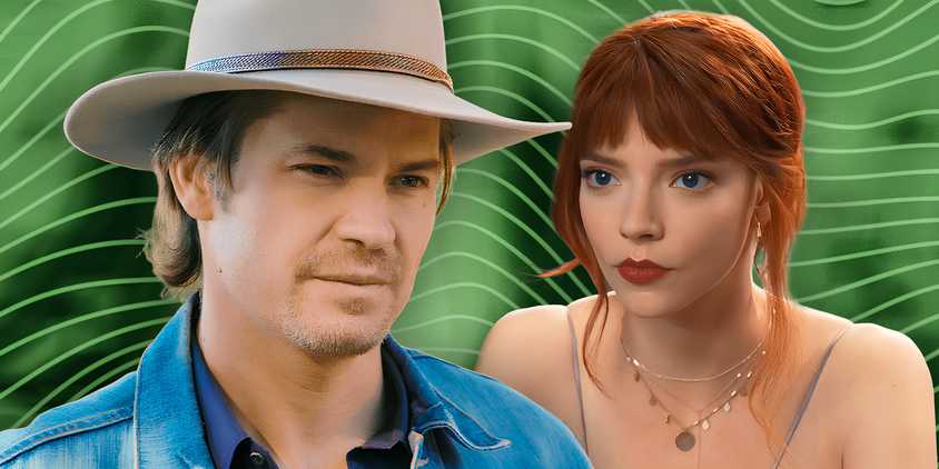 Timothy Olyphant wearing a cowboy hat and Anya Taylor-Joy in The Menu against a green background