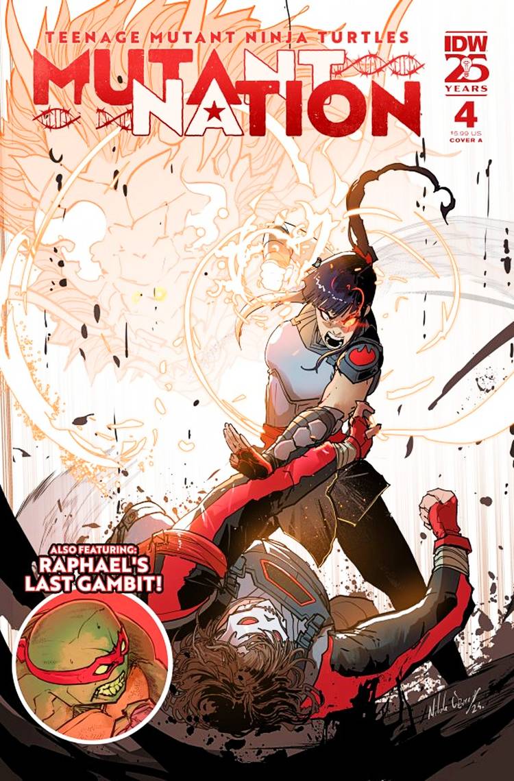 TMNT Mutant Nation #4 cover, two cyborgs fighting amid rubble
