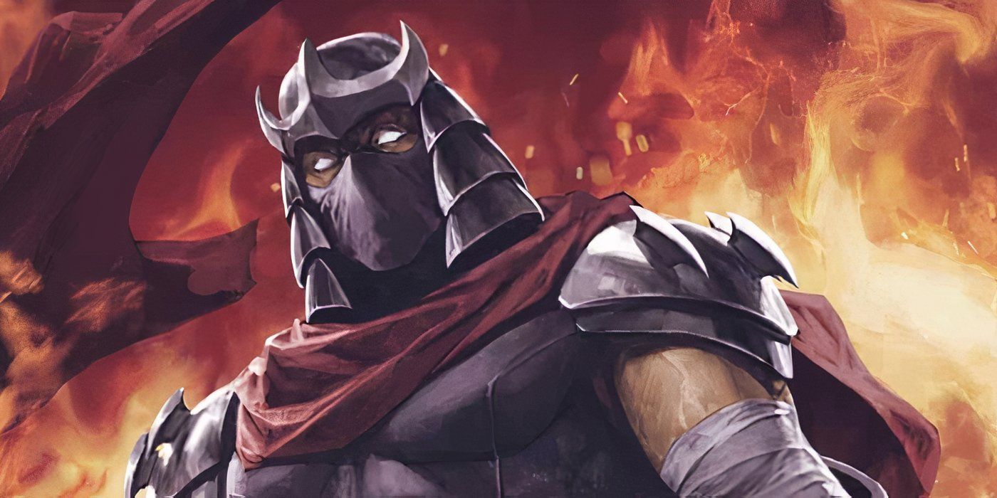 TMNT's Shredder standing with flames behind him.