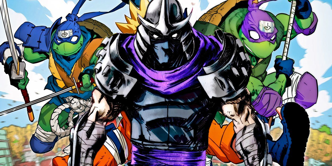 Shredder with the TMNT behind him.