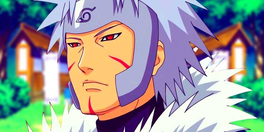Tobirama with a serious look in his face. Behind him, Konoha's Senju Park can be seen.