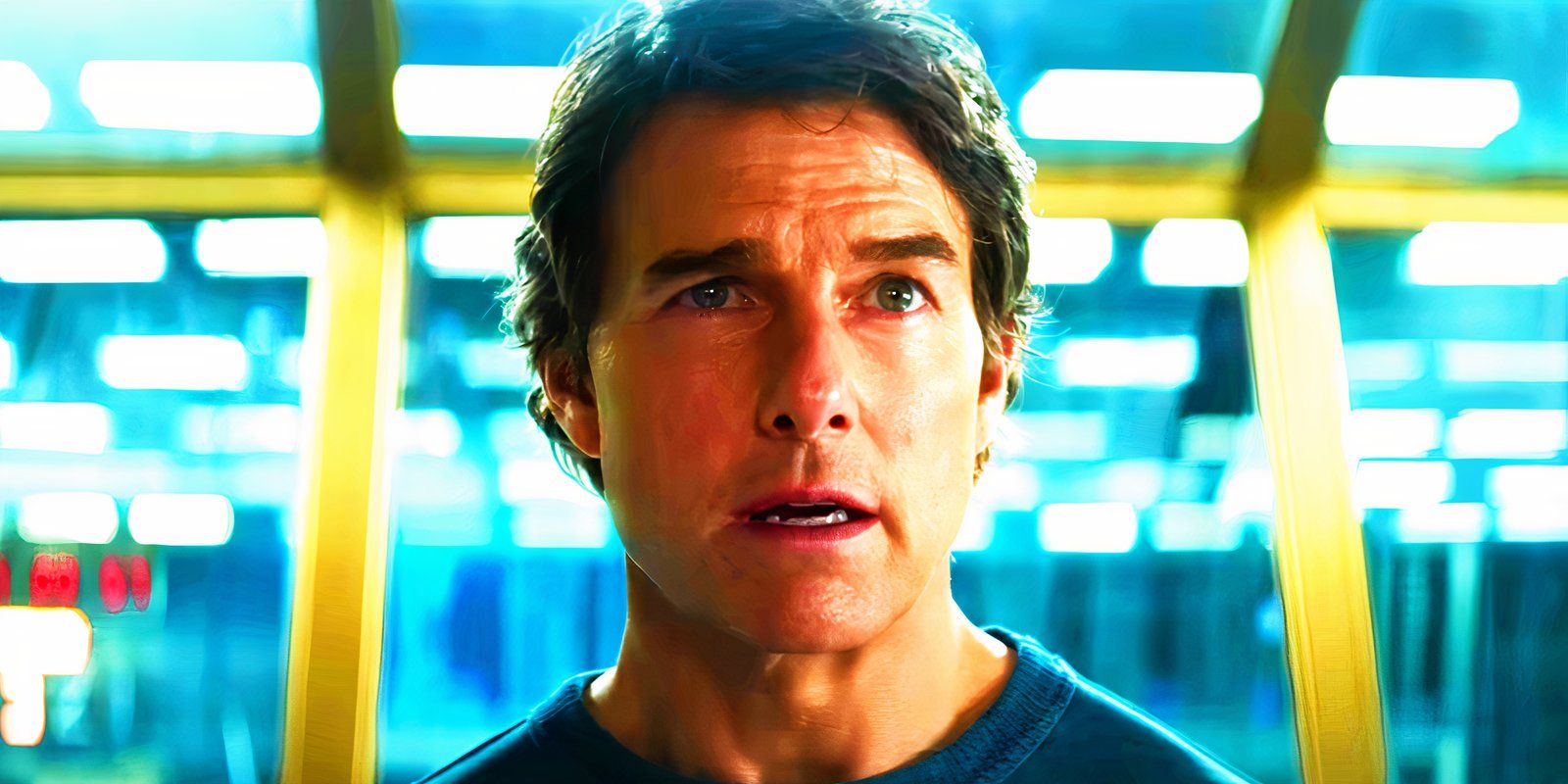 Tom Cruise with his mouth slightly agape as Ethan Hunt in Mission Impossible – The Final Reckoning