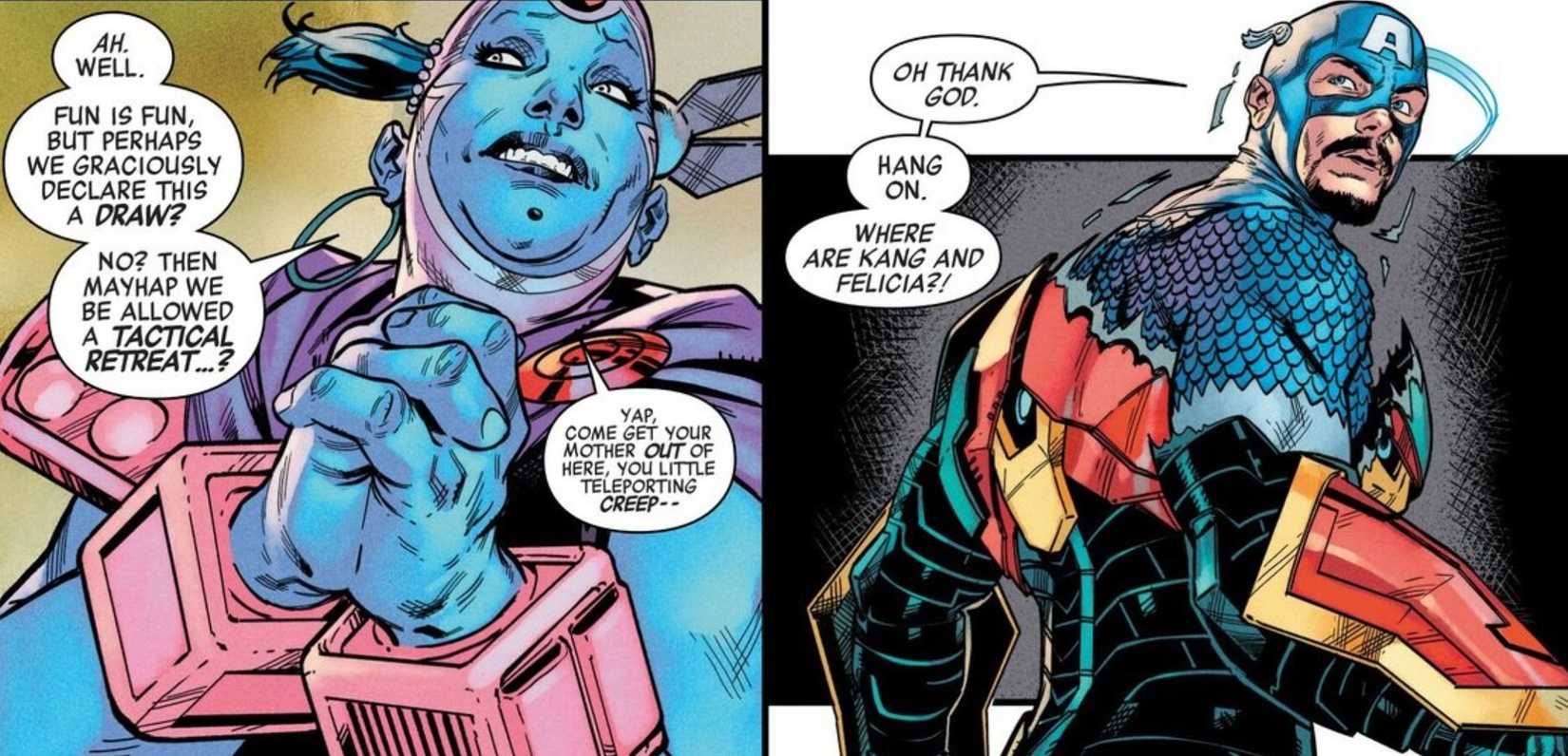 Tony Stark's Captain America costume turns back into his Iron Man armor as Technet retreat in Avengers (2023) #23