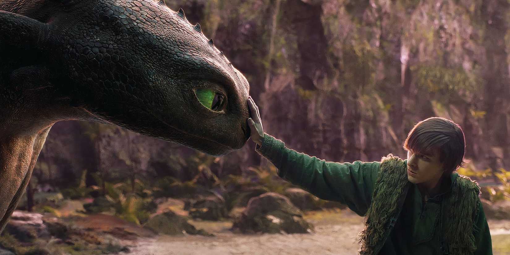 Toothless and Hiccup touching for the first time in the How to Train Your Dragon live-action.