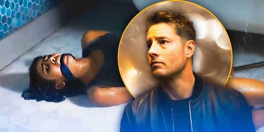 A composite image of Justin Hartley and a gagged woman from Tracker