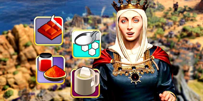Isabella standing behind the treasure resource icons of cocoa, sugar, tea, and spices.