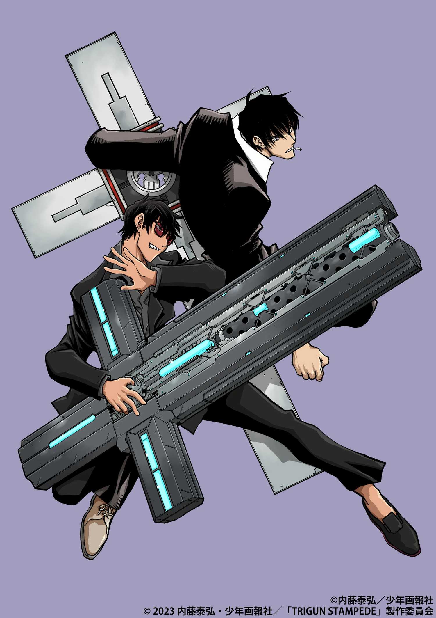 An image of two designs of Wolfwood by Trigun artist Yasuhiro Nightow.