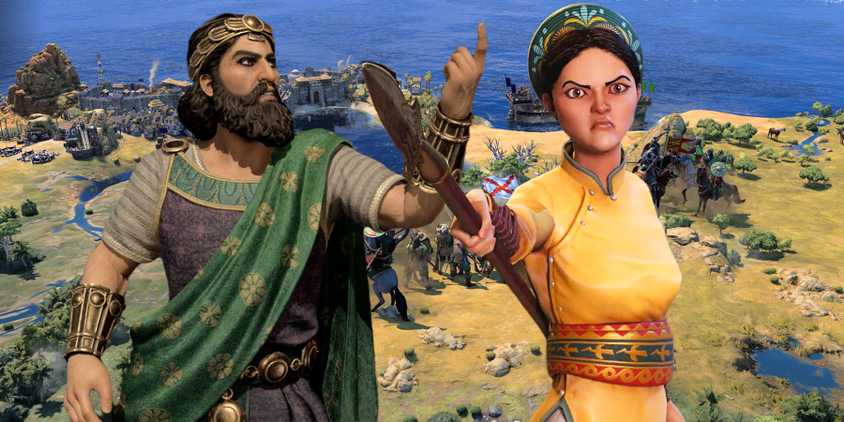 Trung Trac and Xerxes from Civ 7 gesturing angrily.