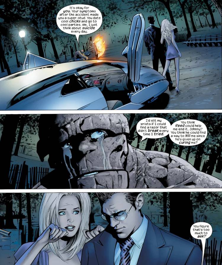 Ultimate Fantastic Four #27 The Thing asks if Reed will help him commit suicide if he can't cure him