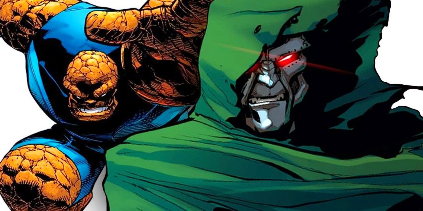 ultimate fantastic four&rsquo;s thing charging at ultimate doctor doom