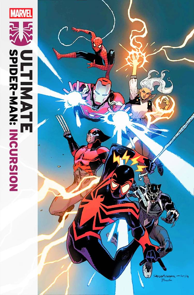 Ultimate Incursion #1 cover, Miles Morales Spider-Man leading Ultimate Marvel heroes into battle
