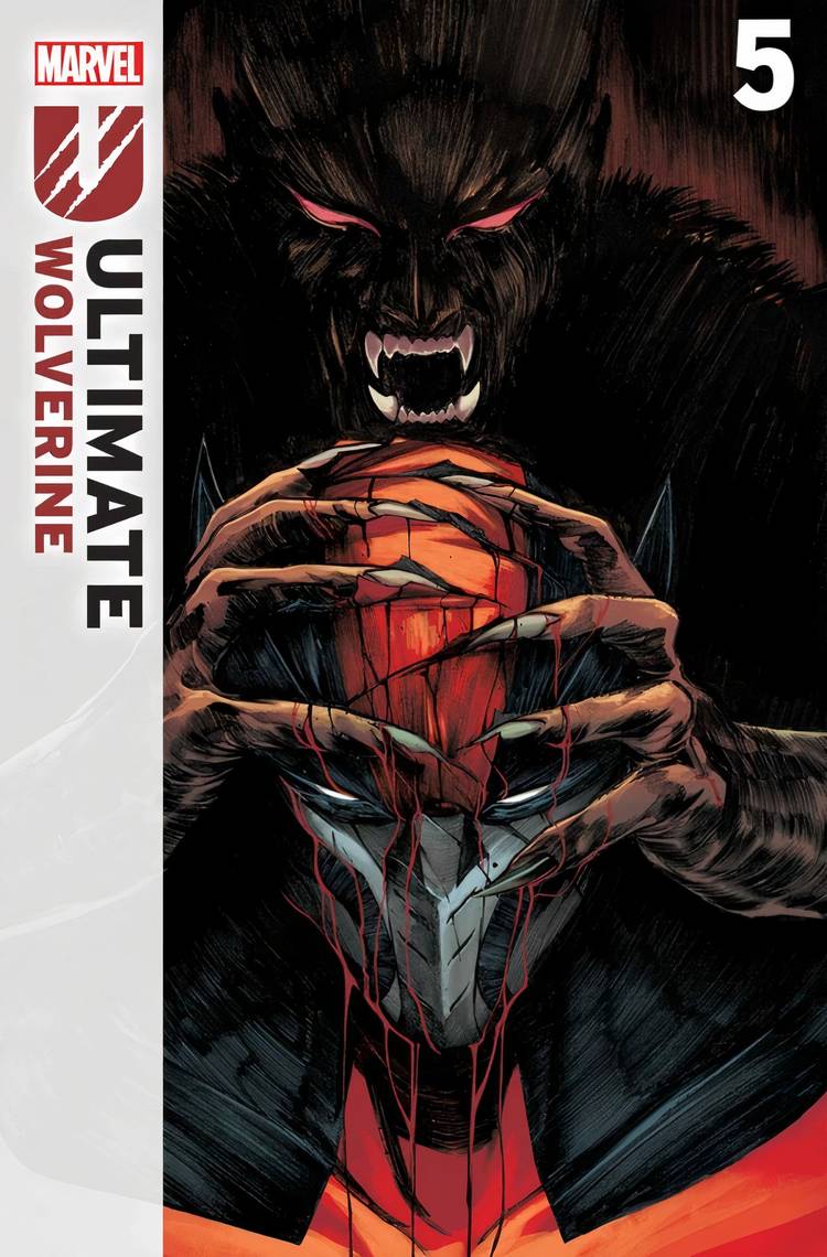 Ultimate Wolverine #5 cover featuring Wolverine's head getting crushed by Sabretooth.