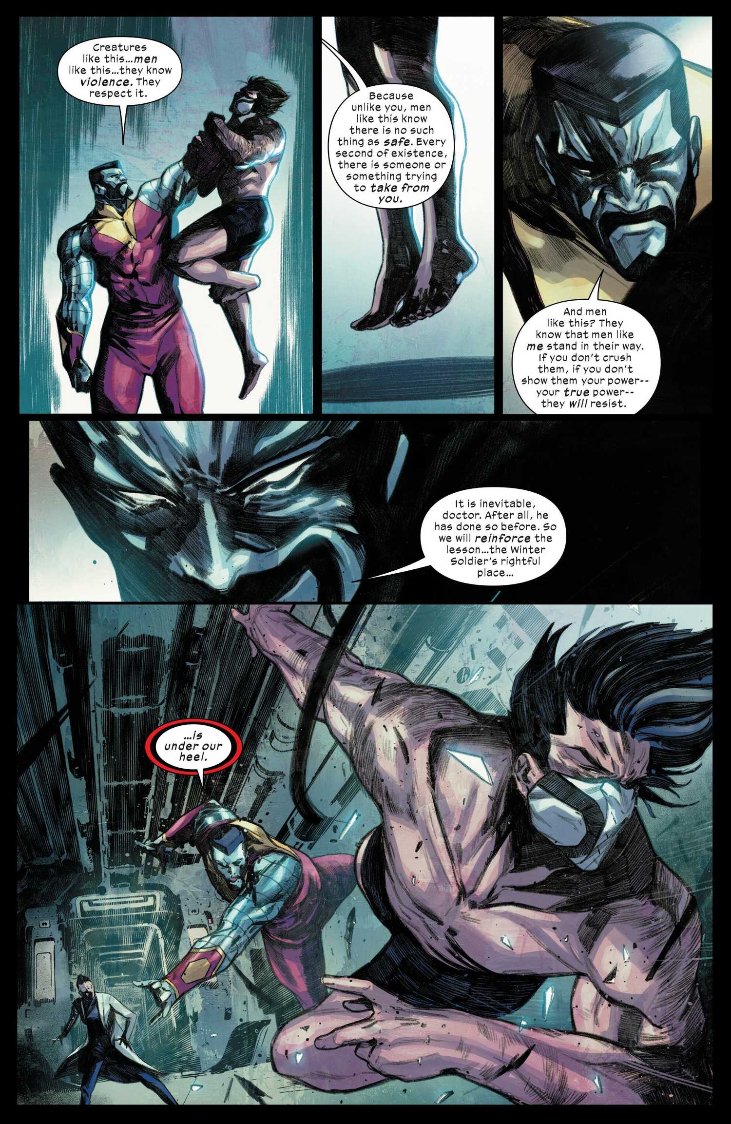 Colossus lifting Wolverine by the neck and saying that he needs to learn that his place is underneath the boots of the Rasputins before throwing him, from Ultimate Wolverine #2