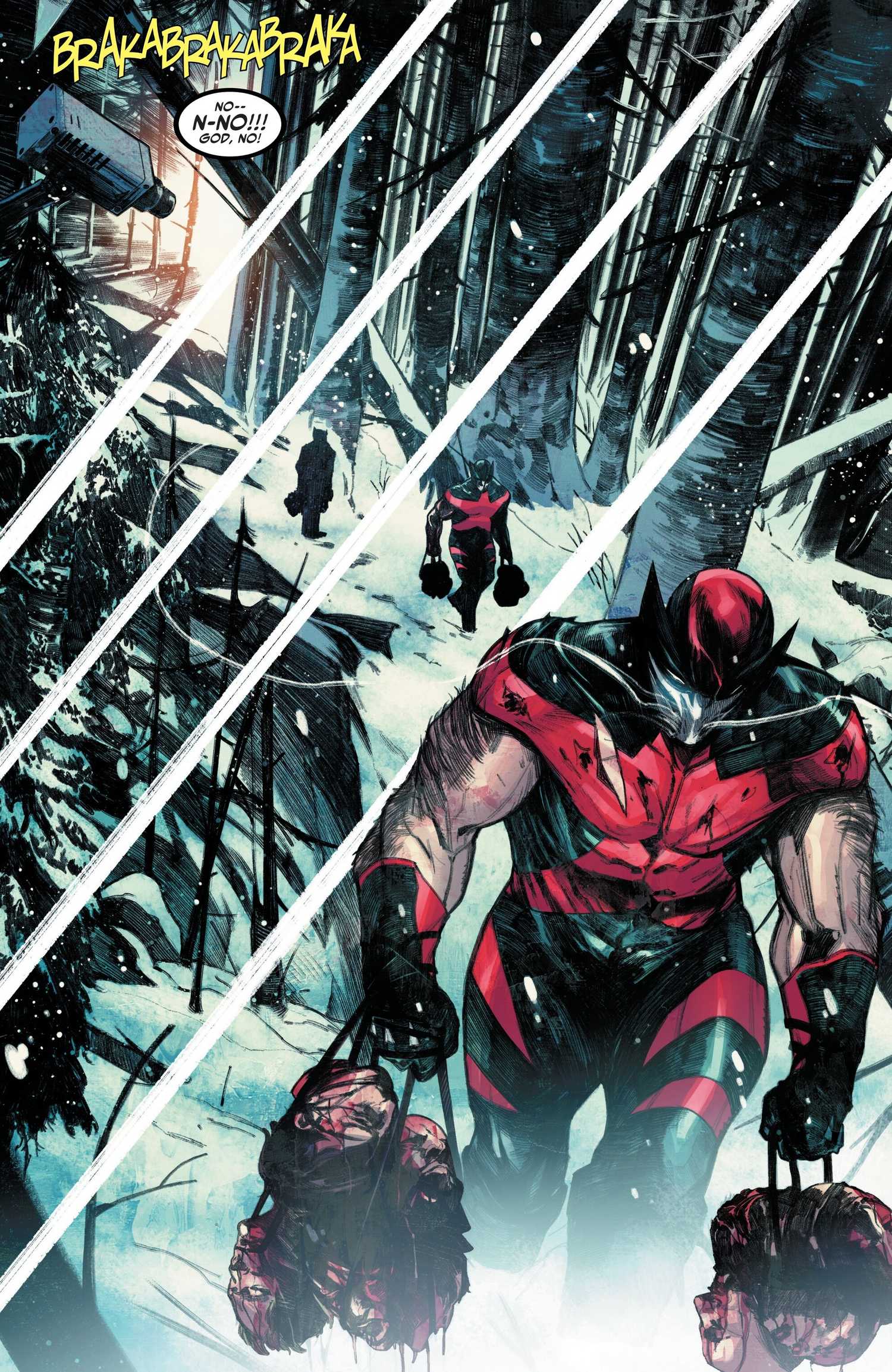 Ultimate Wolverine carrying the heads of soldiers after he killed them, from Ultimate Wolverine #2