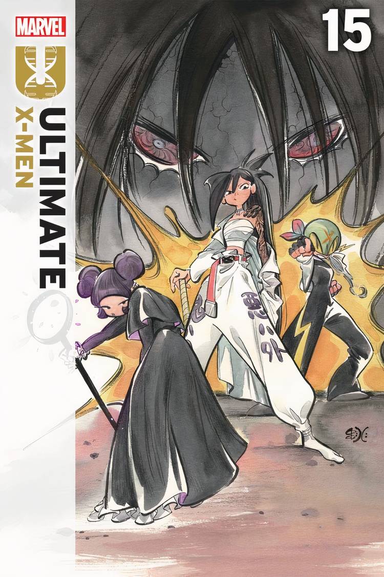 Ultimate X-Men #15 cover featuring the X-Men heroes with a dark shadowy villain behind them.