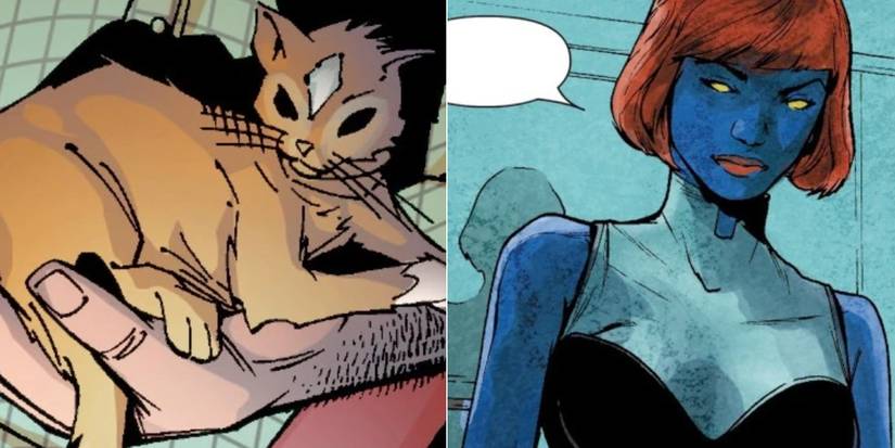 Split image: Ultimate X-Men's Mystique the cat next to Mystique the villain.