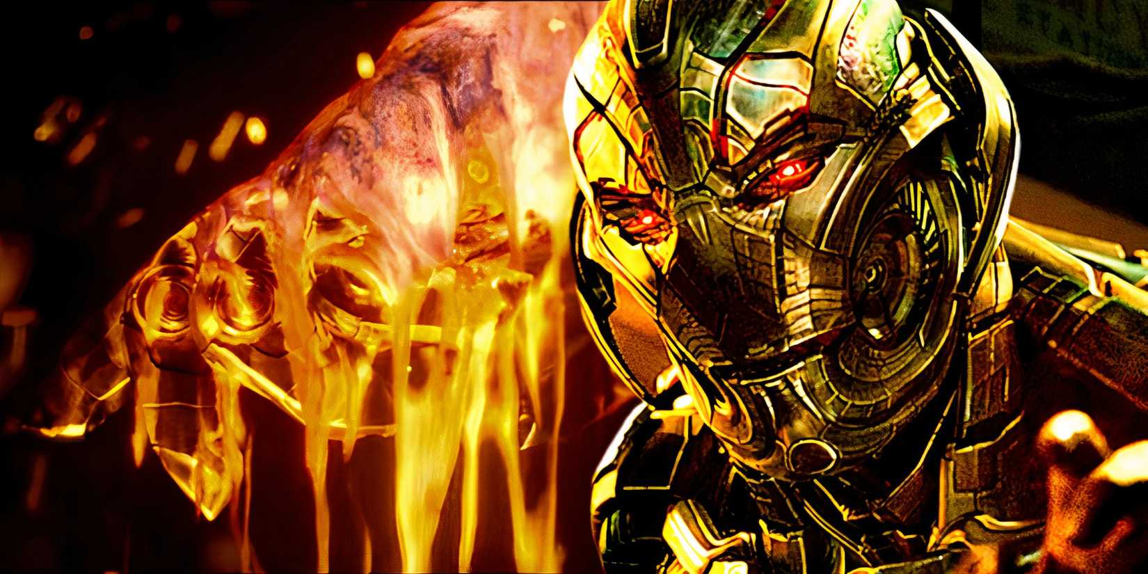 Ultron coats himself in molten vibranium or adamantium in Avengers Age of Ultron