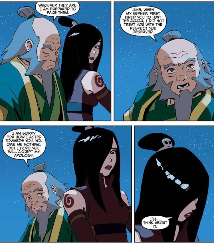 Uncle Iroh apologizes to June for how he treated her on Avatar the Last Airbender in The Bounty Hunter and the Tea Preparer