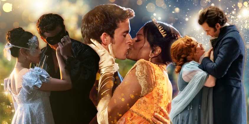 Cutouts of Benedict & Sophie and Colin & Penelope against a photo of Anthony & Kate in Bridgerton with sparkles.