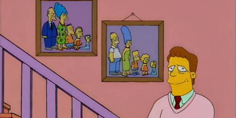 Troy McClure standing on a staircase next to two photos of the Simpson family in "The Simpsons 138th Episode Spectacular."