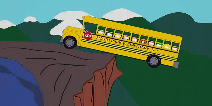 The South Park Elementary bus hanging off a cliff edge in the South Park episode "City On The Edge Of Forever."
