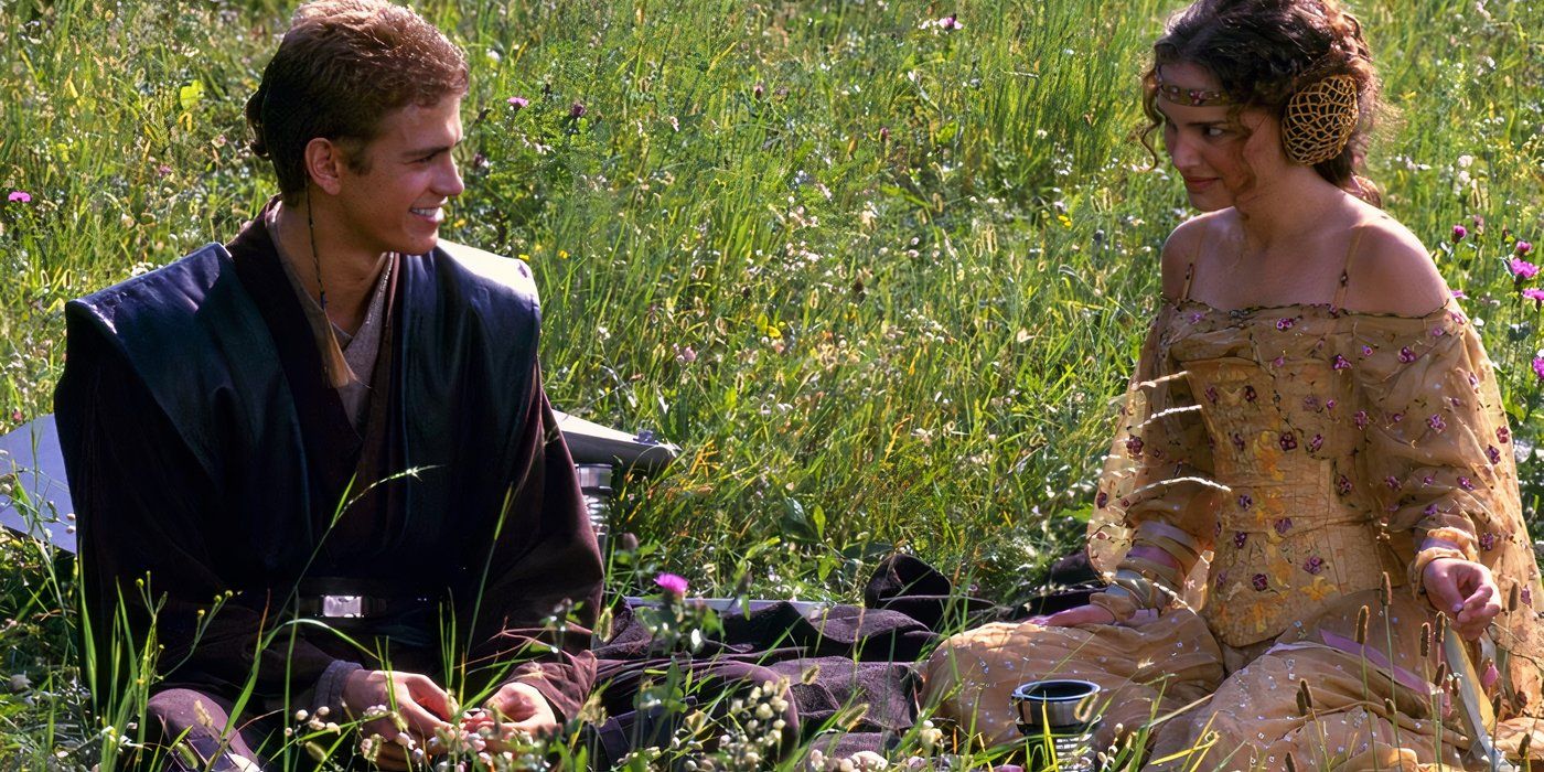 Natalie Portman în rolul lui Padme și Hayden Kristensen ca Anakin, unde un picnic în câmpul din Star Wars: Episodul II este un atac al clonelor.