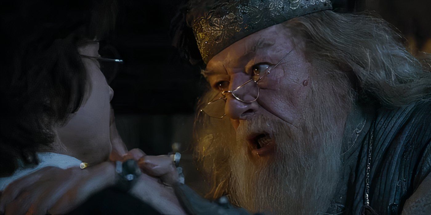 Dumbledore angrily interrogating Harry about the Triwizard tournament in in Harry Potter and the Goblet of Fire 