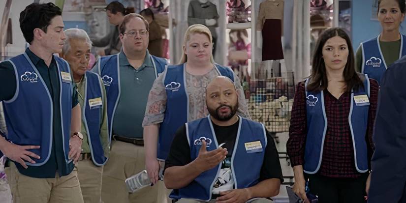 The Cloud 9 staff having a meeting, just before Amy's waters break, in the Superstore episode "Delivery Day."