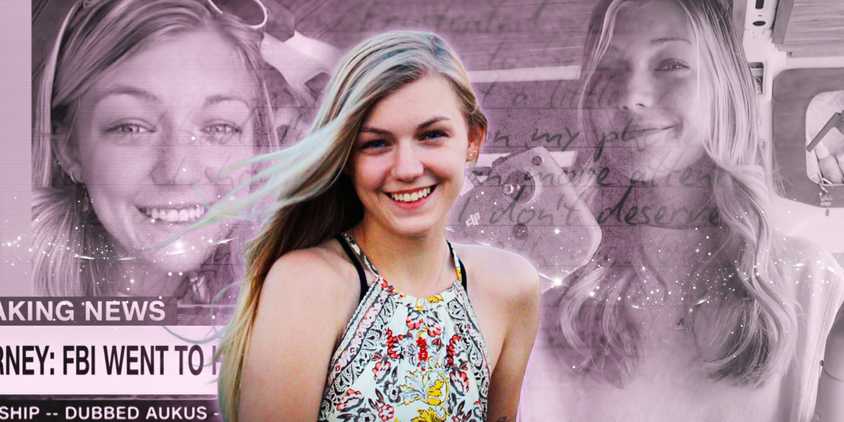 A cutout of Gabby Petito against additional photographs of Gabby Petito in Netflix's American Murder: Gabby Petito with a pinkish gradient, an overlay of Petito's writing, and sparkles.