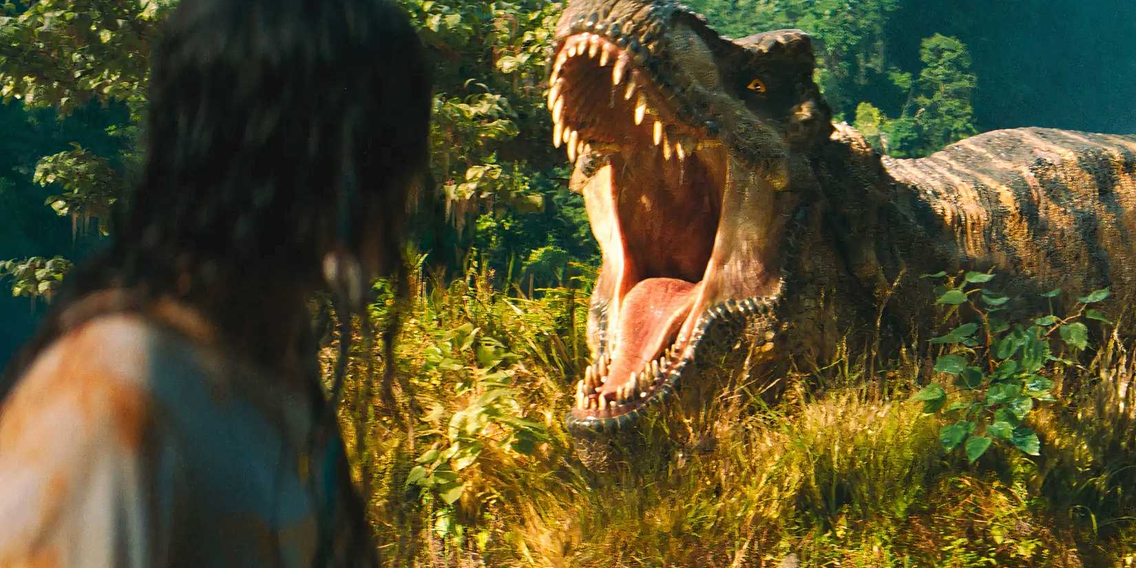 Luna Blaise and a T-rex in Jurassic World Rebirth