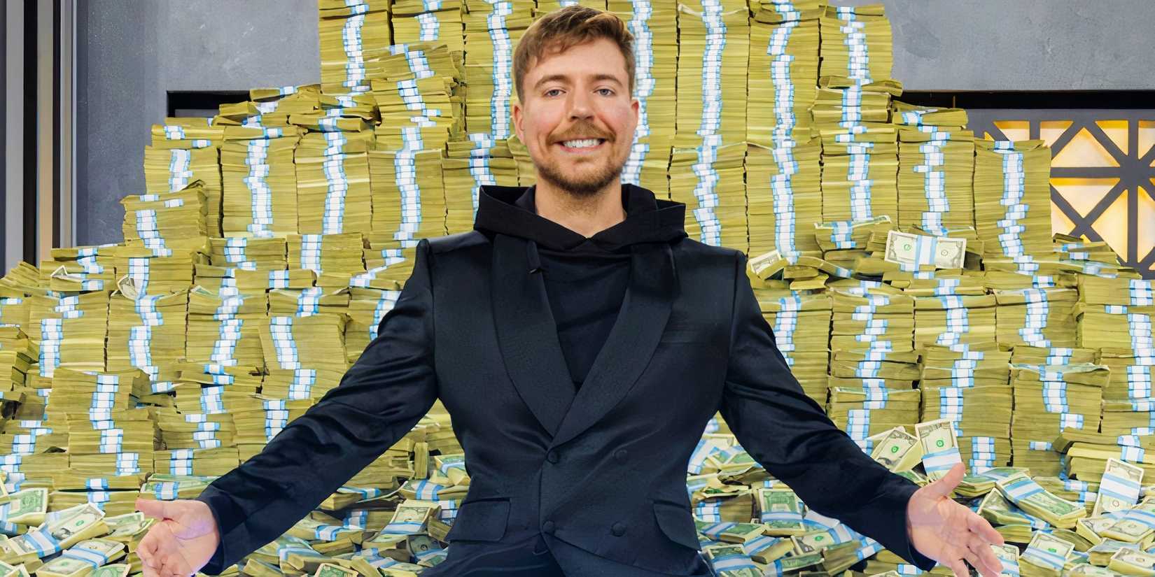 MrBeast hosting Beast Games and posing on front of stacks of money