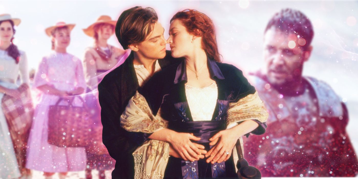 A cutout of Rose &amp; Jack in Titanic against blurry photos from Little Women (2019) and Gladiator with a purplish-red sparkly background.