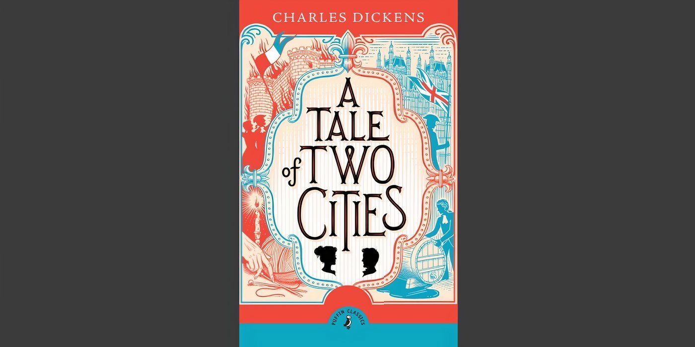 A capa do livro de um conto de duas cidades de Charles Dickens.