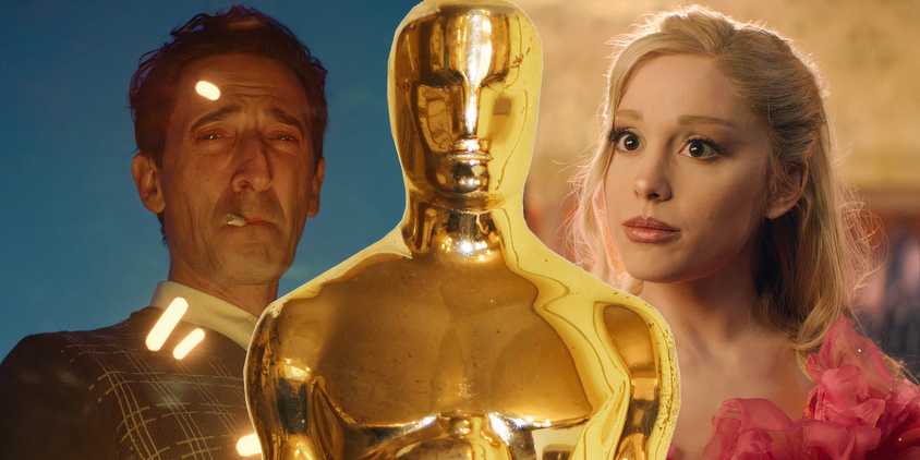 Adrien Brody in The Brutalist and Ariana Grande in Wicked between an Oscar statuette
