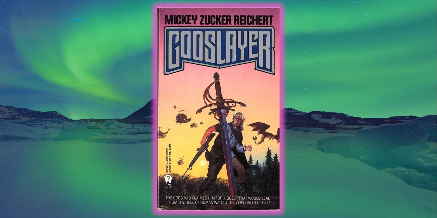 The cover of Mickey Zucker Reichert's novel Godslayer over a view of the aurora borealis