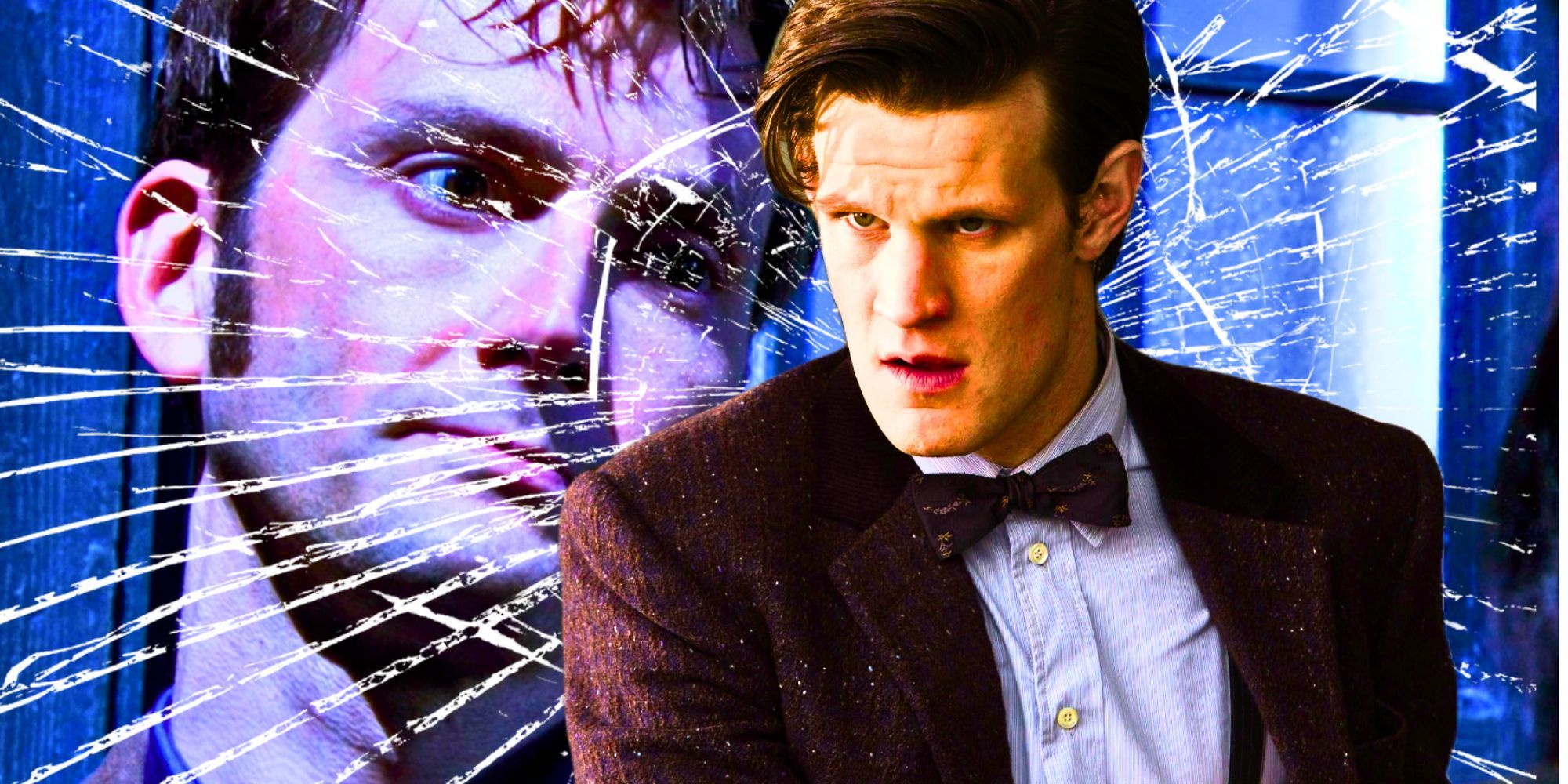 Custom Doctor Who image of Matt Smith's Eleventh Doctor looking intense against a backdrop of David Tennant's Tenth Doctor looking sad behind broken glass