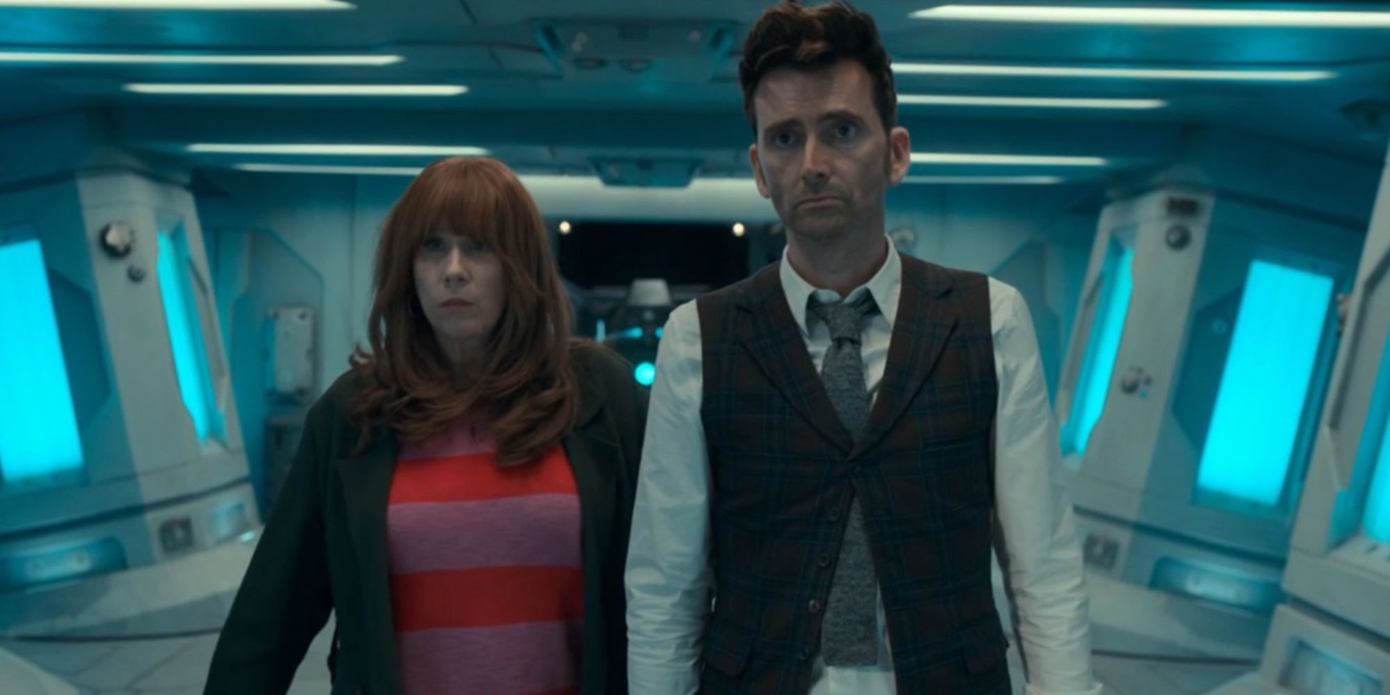 David Tennant's Fourteenth Doctor looking concerned with Doctor Who standing next to Catherine Tate as Donna Noble