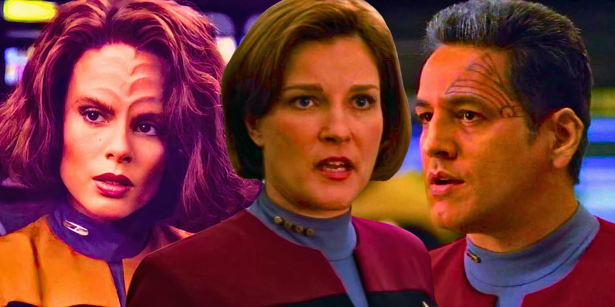 Custom Star Trek: Voyager image of Kate Mulgrew as Captain Janeway, Roxann Dawson as B&rsquo;Elanna Torres, and Robert Beltran as Commander Chakotay