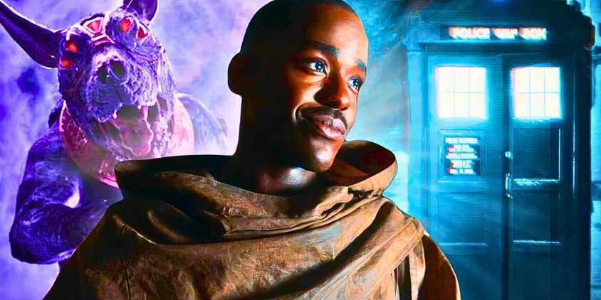 Custom Doctor Who image of Ncuti Gatwa smiling as the Fifteenth Doctor against a backdrop of the TARDIS and Sutekh