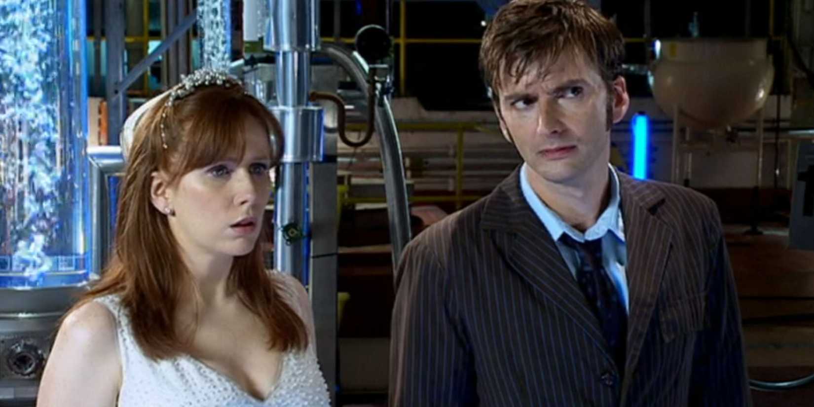 Catherine Tate as Donna Noble looking crestfallen in Doctor Who while David Tennant looks furious as the Tenth Doctor