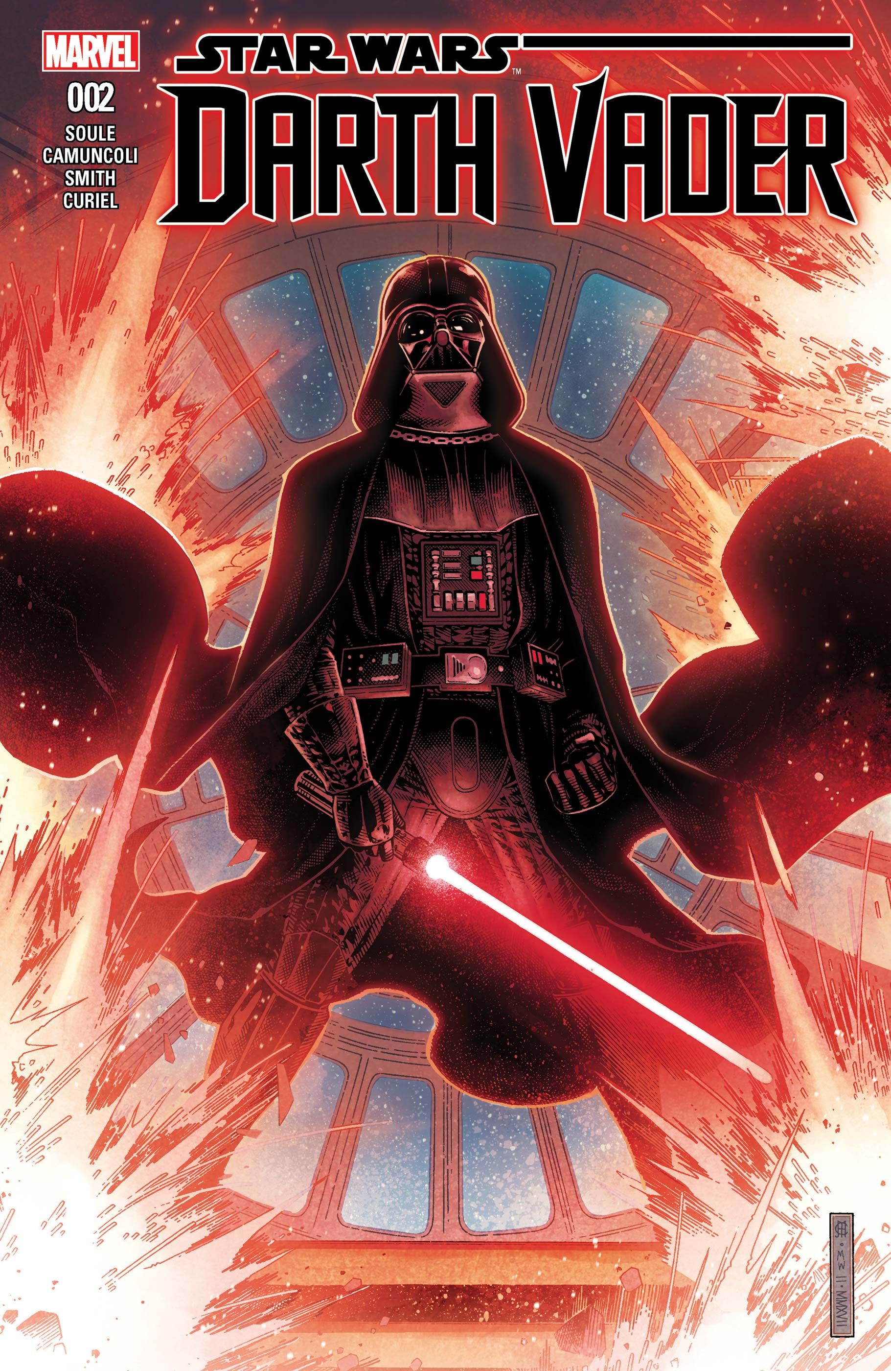 Darth Vader#1 cover, standing with the light saber when explosions go out.