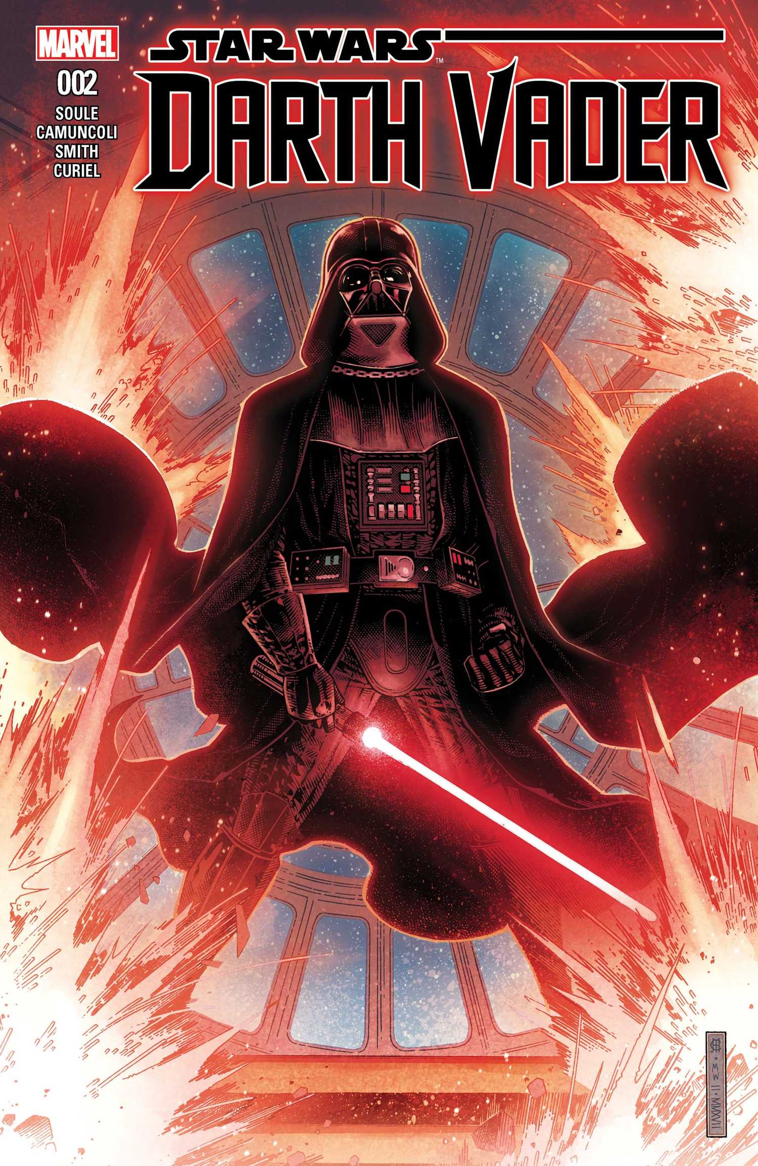 Darth Vader#1 cover, Vader standing with his lightsaber as explosions go off.