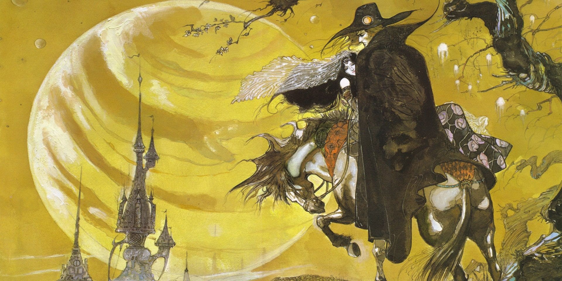 Art of Vampire Hunter D on his horse with a woman, overlooking a castle, by Yoshitaka Amano